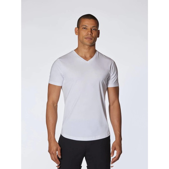 Cuts Clothing Men's Curve Hem V-Neck 4 Way Stretch Tee T-Shirt - White - Picture 2 of 8